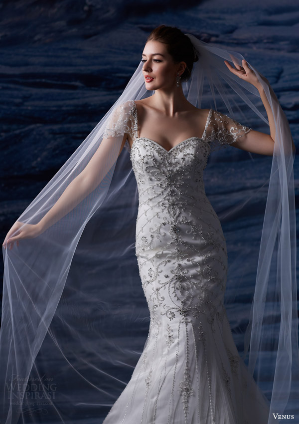 venus bridal fall 2024 venus collection ve8205 wedding dress beaded mermaid dress illusion flutter sleeves Venus 2025婚纱礼服系列