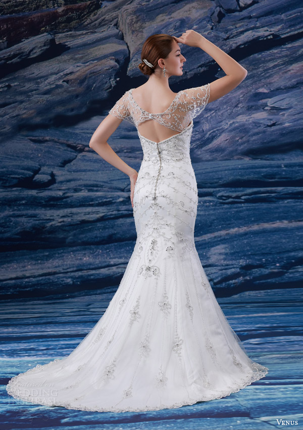 venus bridal fall 2024 venus collection ve8205 wedding dress beaded mermaid dress illusion flutter sleeves back view train Venus 2025婚纱礼服系列