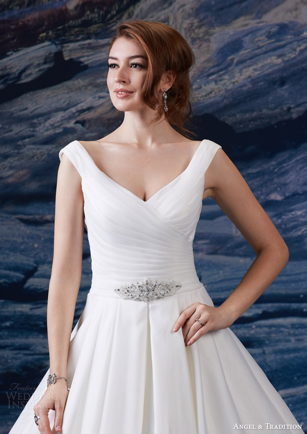 venus bridal fall 2024 angel tradition at4611 organza wedding dress off shoulder portrait neckline straps ruched bodice Angel & Tradition 2025婚纱礼服系列