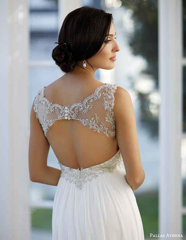 venus bridal fall 2024 pallas athena pa9220 wedding dress beaded illusion neckline drape skirt ruched sweetheart bodice keyhole back close up Pallas Athena 2025婚纱礼服系列
