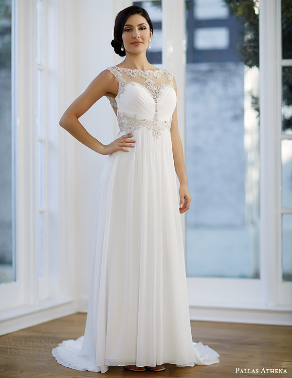 venus bridal fall 2024 pallas athena pa9220 wedding dress beaded illusion neckline drape skirt ruched sweetheart bodice keyhole back Pallas Athena 2025婚纱礼服系列