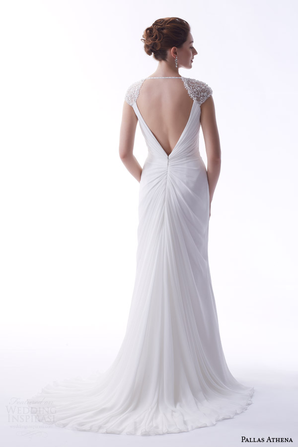 venus bridal fall 2024 pallas athena pa9226 chiffon ruched bodice beaded cap sleeves wedding dress back view train Pallas Athena 2025婚纱礼服系列