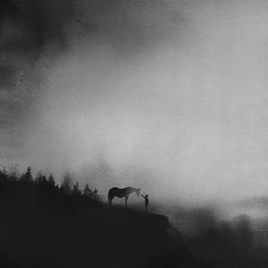 Elicia Edijanto人与动物黑白水彩插画