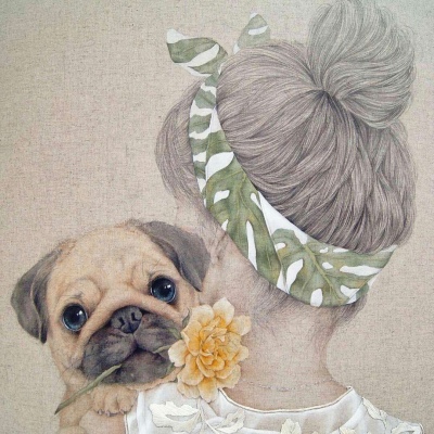 念七 动漫女生手绘狗与背影