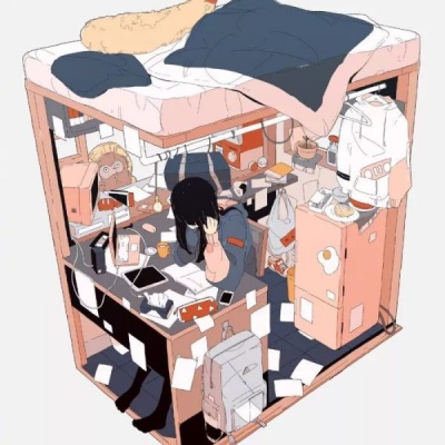 一组唯美卡通人物女生房间插画