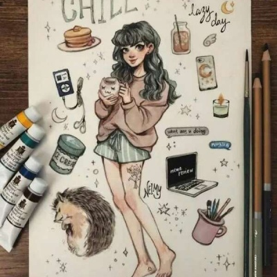 一组卡通少女人物插画