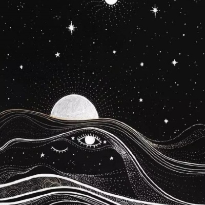 一组唯美卡通星空黑白插画 插画师：Ameya